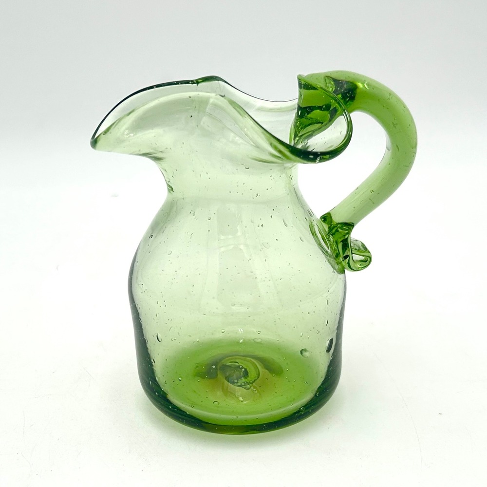 Hand Blown 5" Green Glass Pitcher Mini Carafe Bubble Art Glass Small Jug Vase